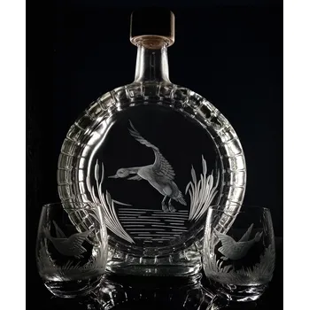 Sklenice lahev na slivovici 0,7l + 2ks likér s loveckou rytinou - ručně ryté (broušené) dárková krabička, dárek pro myslivce