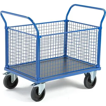 Plošinový vozík Plošinový vozík TRANSFER, 4 drátěné stěny, 1000x700 mm, 1000 kg, elastická gumová kola, s brzdami