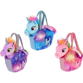 plyšák Jednorožec v kabelce s vesmírným motivem 18 cm mix barev