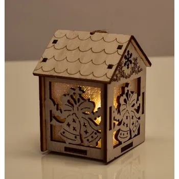 Vánoční dekorace Dřevěný domek, s motivy zvonků, LED osvětlení
