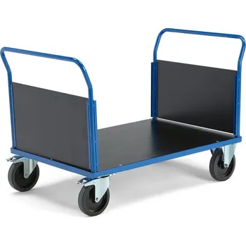 Plošinový vozík Plošinový vozík TRANSFER, 2 čelní dřevěné stěny, 1200x800 mm, gumová kola, s brzdami