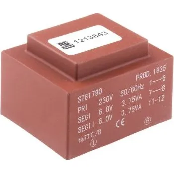 Transformátor Transformátor PCB, sekundární napětí: 2 x 6V ac, počet výstupů: 2 Montáž na plošný spoj 7.5VA