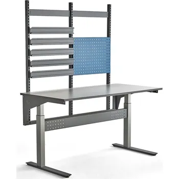 Dílenský stůl Výškově nastavitelný pracovní stůl VERVE, 200 kg, 1600x800 mm, panel na nářadí a závěsné lišty na bo