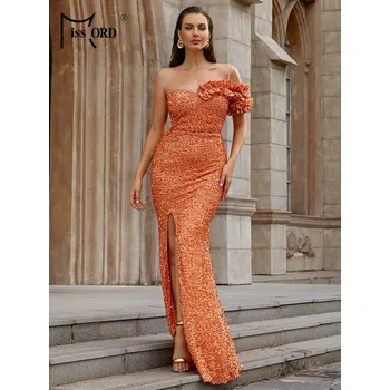 Dámské šaty Flitrové šaty s volánkem a odhalenými rameny - XL Barva: Oranžová, Velikost: XL