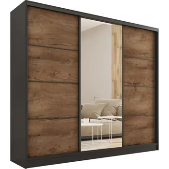Šatní skříň Šatní skříň HARAZIA 200 se zrcadlem, 4 šuplíky a 2 šatními tyčemi, černý mat/ dub lefkas +možnost VÝNOSU + vyzvednutí ZDARMA