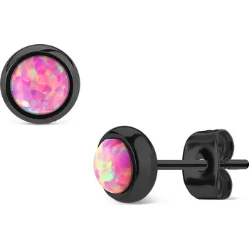 Náušnice Šperky4U Černé ocelové náušnice s růžovými opály - OPN1441-OP22