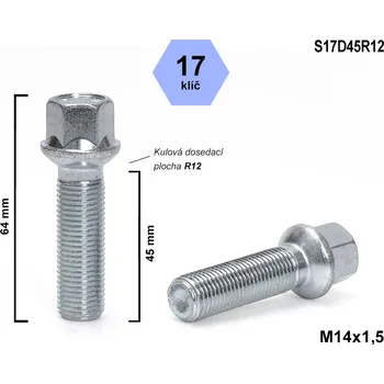 Šroubek na kolo Kolový šroub M14x1,5x45 koule R12, klíč 17, S17D45R12, výška 64
