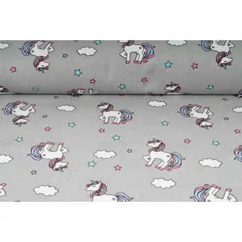 Plátno bavlněné, unicorn, jednorožec na šedém podkladu, metráž, látky