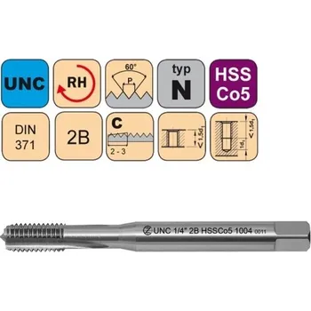 Závitořezný nástroj NÁSTROJE CZ Strojní závitník /CZZ1004/ HSSCo5 pro americký unifik. hrubý závit s přímou drážkou CZZ Závit: UNC 10-24-2B