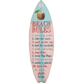 Plechová cedule Modro -růžová dřevěná nástěnná cedule plážová pravidla - 24*1,5*77cm