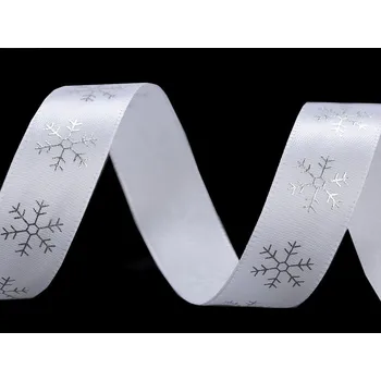 Saténová stuha vločky šíře 20 mm vánoční, barva 1 bílá stříbrná