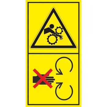 Nebezpečí vtažení - Neodstraňuj bezpečnostní kryt pokud je stroj v běhu samolepící vinylová fólie 85 x 45 mm