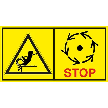 Nebezpečí řetěz nebo ozubený řemen - Vyčkej před manipulaci nebo otevřením až do úplného zastavení pohybujících se částí samolepící vinylová fólie 45 x 85 mm