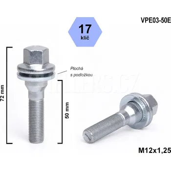 Šroubek na kolo Kolový šroub M12x1,25x50, VPE03-50E, plochá podložka, CITROËN, FIAT, PEUGEOT, klíč 17, výška 72 mm