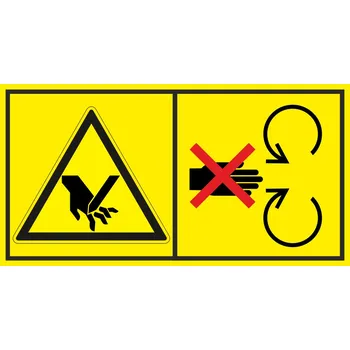 Značení Nebezpečí useknutí prstů nebo ruky - Neodstraňuj bezpečnostní kryt pokud je stroj v běhu samolepící vinylová fólie 45 x 85 mm