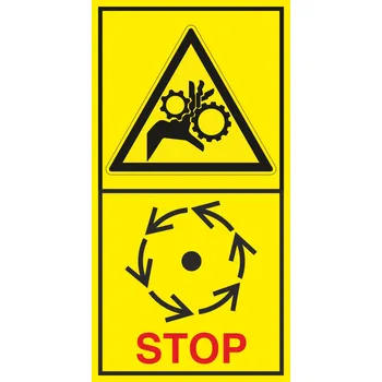 Nebezpečí vtažení ozubená kola - Vyčkej před manipulaci nebo otevřením až do úplného zastavení pohybujících se částí samolepící vinylová fólie 168 x 88 mm