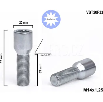 Šroubek na kolo Kolový šroub M14x1,25x33 kuželový s vnitřním mnohohranem, VST20F33, průměr hlavy 20mm, výška 57 mm