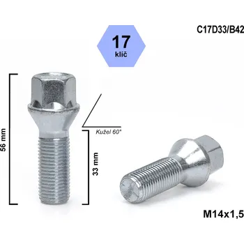 Šroubek na kolo Kolový šroub M14x1,5x33 kužel, klíč 17, C17D33/B42, výška 56