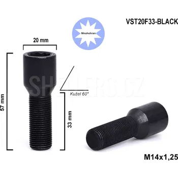 Šroubek na kolo Kolový šroub M14x1,25x33 kuželový s vnitřním mnohohranem, VST20F33-BLACK, průměr hlavy 20mm, výška 57 mm