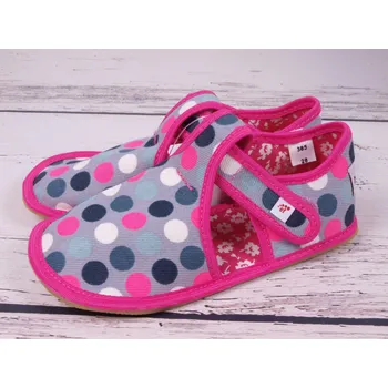 Dívčí bačkory Bačkůrky capáčky BAREFOOT EF 385 šedorůžové s velkými puntíky polootevřené velikost: 33