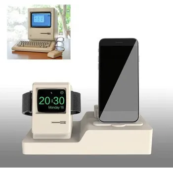 Příslušenství k chytrým hodinkám Stojánek pro Apple Watch iPhone Airpods styl retro Macintosh - bílý