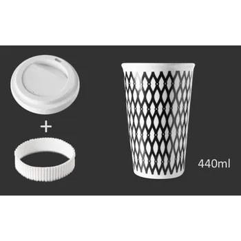 Termohrnek Porcelánový pohárek Coffee to Go s víčkem a páskou "Černé - kosočtverce" - 440 ml