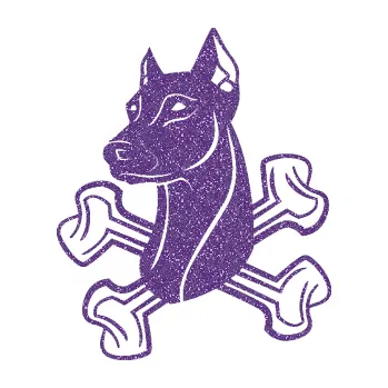 Polep vozidla Pes 114 levá dobrman se zkříženými kostmi (87 - Ultra Metalic fialová) SAMOLEPKA NA AUTO, NÁLEPKA, FÓLIE, POLEP, TUNING, VLASTNÍ TEXT, TISK, AUTOSAMOLEPKY.cz, POLEPY, OBRÁZEK, LOGO, 3D STICKERS