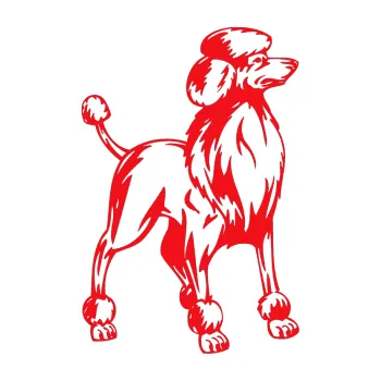 Polep vozidla SAMOLEPKA Pes 014 pravá Pudl (10 - červená) NA AUTO, NÁLEPKA, FÓLIE, POLEP, TUNING, VLASTNÍ TEXT, TISK, AUTOSAMOLEPKY.cz, POLEPY, OBRÁZEK, LOGO, SAMOLEPKY