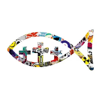 samolepka Jesus rybička 005 tři kříže křesťanský symbol (83 - Sticker bomb) SAMOLEPKA NA AUTO, NÁLEPKA, FÓLIE, POLEP, TUNING, VLASTNÍ TEXT, TISK, AUTOSAMOLEPKY.cz, POLEPY, OBRÁZEK, LOGO, 3D STICKERS