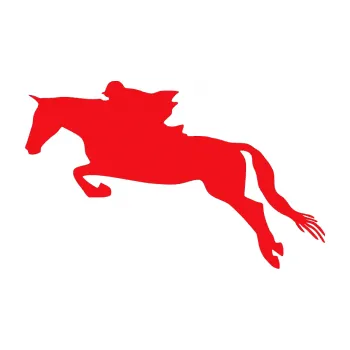 Samolepící dekorace SAMOLEPKA Kůň 015 levá skok s jezdcem (10 - červená) NA AUTO, NÁLEPKA, FÓLIE, POLEP, TUNING, VLASTNÍ TEXT, TISK, AUTOSAMOLEPKY.cz, POLEPY, OBRÁZEK, LOGO, SAMOLEPKY