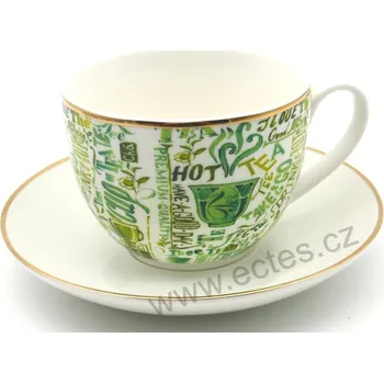 AVA šálek a podšálek zelené nápisy tea a šálek, zlatý lem 150ml