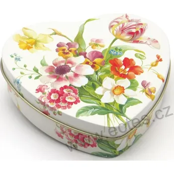 Dóza na potraviny IHR WELCOME SPRING plechová dóza srdce na čokoládu 2482 kytice květin s petrklíčem, narcisy a tulipány