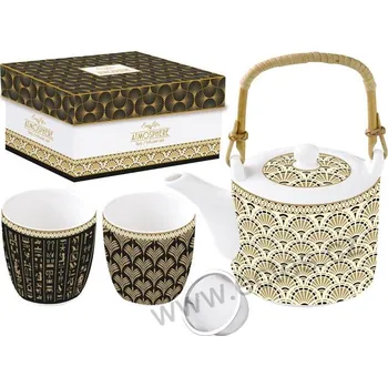 Konvice na čaj Easy Life EGYPTOLOGY černozlatý porcelánový čajový set: konvice a kelímky egyptské hieroglyfy a ornamenty *ATMOSPHERE* 600ml + 2x160ml