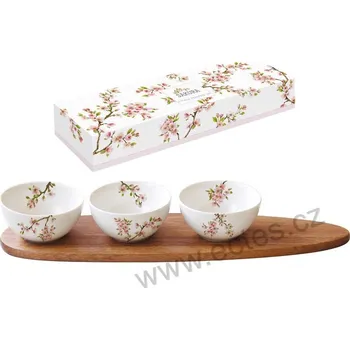 Easy Life SAKURA bílé porcelánové servírovací misky na dipy na akáciovém podnose větvička růžových květů sakury