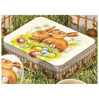 Dóza na potraviny BUNNIES plechová dóza 3500 hnědí králíci na trávě se sedmikráskami a vajíčky