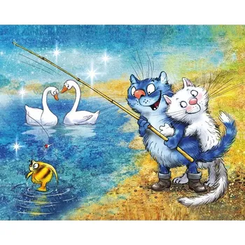 Diamantové malování TSvetnoy TSvetnoy, LG278e, Diamond painting - diamantové malování, 40 x 50 cm, Kočky - Na rybách