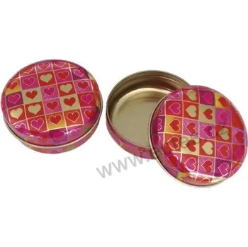 Dóza na potraviny HEARTS plechová dóza lékovka 7908 malá metalická zlatá, červená a růžová srdíčka