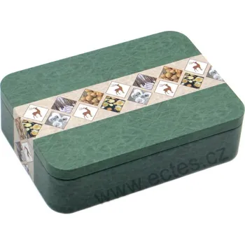 Dóza na potraviny NATURE zelená plechová dóza na čokoládu 3500 zimní obrázky z přírody: jelen, ořechy a dřevo