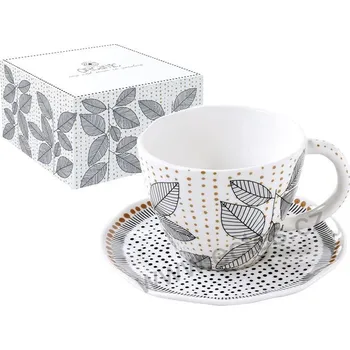 Easy Life ORGANIC 2 porcelánový šálek a podšálek s černými obrysy listů a hnědými tečkami 280ml