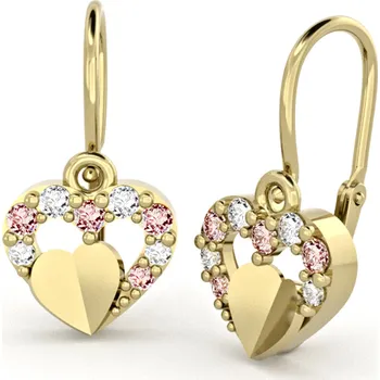 Náušnice Dětské náušnice ze žlutého zlata - srdíčka s růžovými a čirými zirkony a srdíčkem