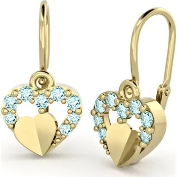 Náušnice Dětské náušnice ze žlutého zlata - srdíčka s modrými zirkony a srdíčkem