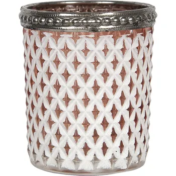 Svícen Hnědo bílý skleněný svícen s patinou a zdobeným hrdlem - Ø 5*6 cm