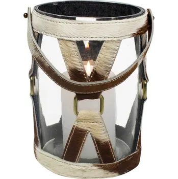 Svícen Závěsný svícen z hovězí kůže se sponou / bílo hnědá- 13*13*20,5cm