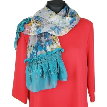 Šála Modrá dámská lehká šála s třásněmi (Dámský šál s třásněmi)