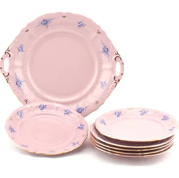Talíř Leander Koláčová souprava Sonáta, modré květiny, růžový porcelán, Leander, 7 dílná