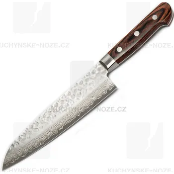 Kuchyňský nůž Kanetsune Hammered Damascus Santoku 185mm Mahagon