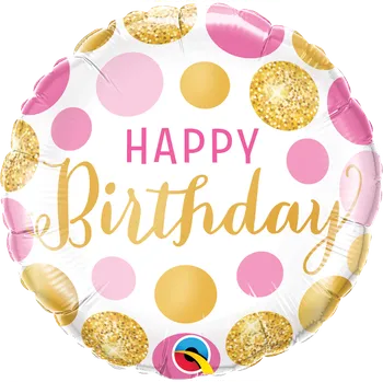 Balónek Qualatex Foliový balónek kruh - Narozeniny růžové a zlaté puntíky 18"