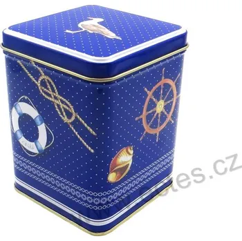 Dóza na potraviny MARITIME BLUE námořní plechová dóza 7418 s kormidlem, lany, záchranným kruhem, rackem a mušlemi
