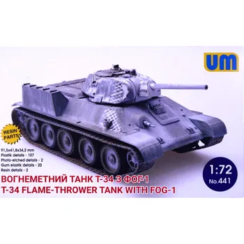 Plastikový model Unimodel 1/72 T-34 Flame-Thrower Tank with FOG-1