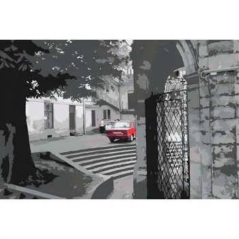 Malování podle čísel - Červené auto v šedivé uličce Velikost: 40x60cm, Rámování: Pouze srolované plátno